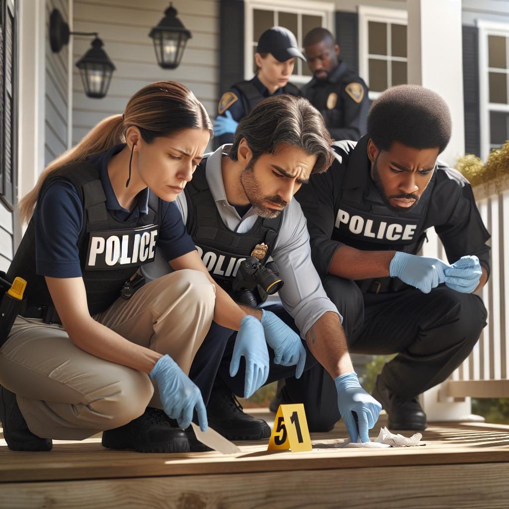 Policemen investigating porch crime scene