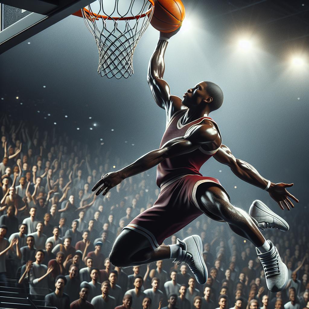 Basketball player scoring dunk