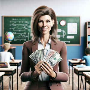 Teacher with cash stack.