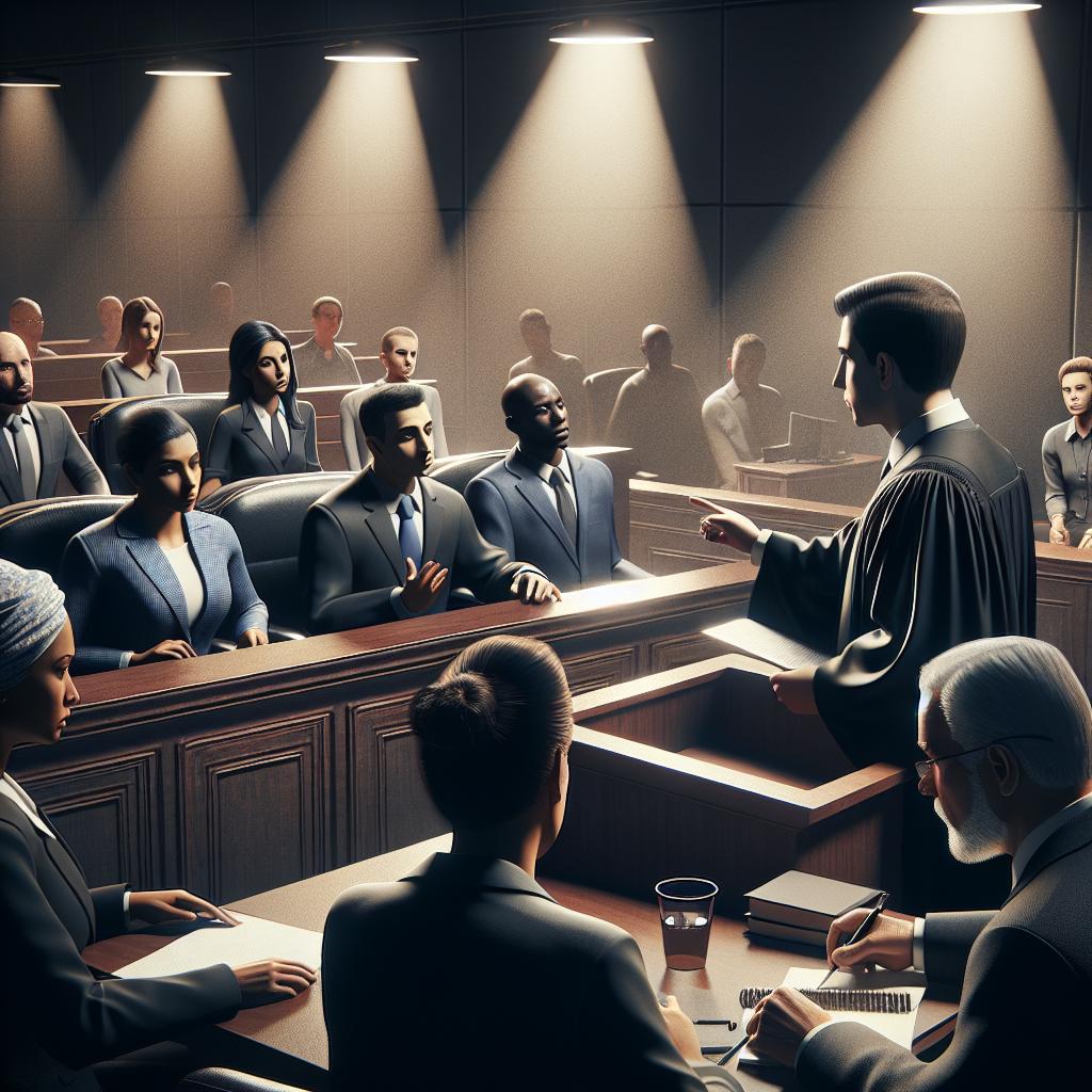 Courtroom drama scene illustration.