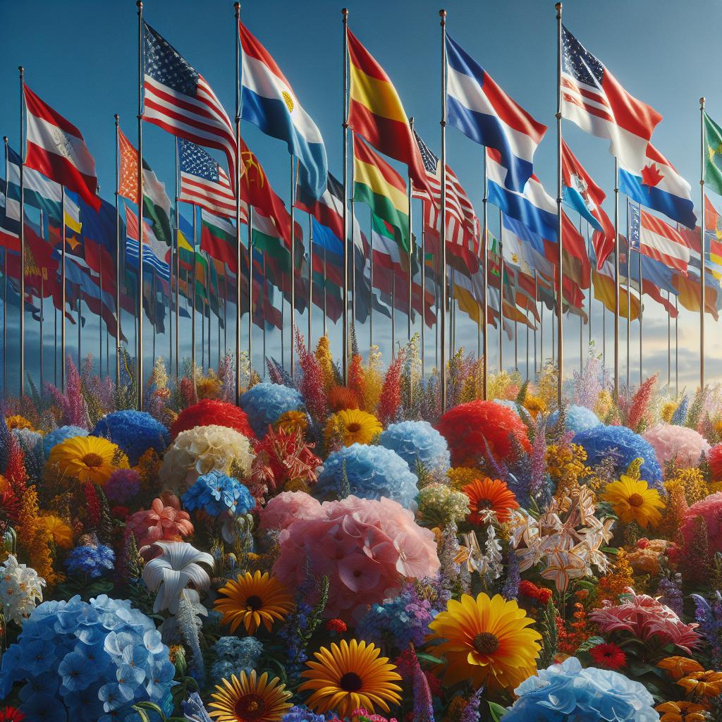 Patriotic flags and flowers.