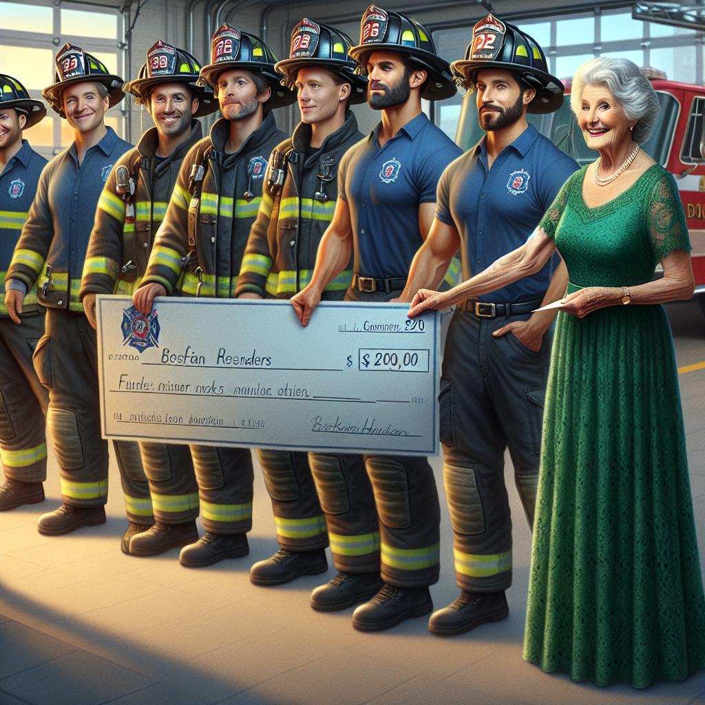 Firefighters receiving donation check.