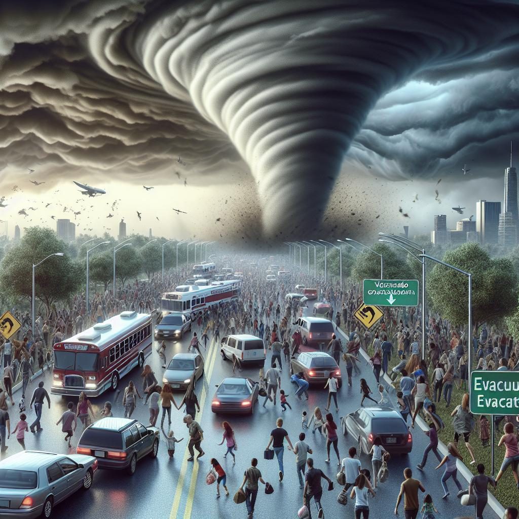 Tornado warning evacuation illustration.