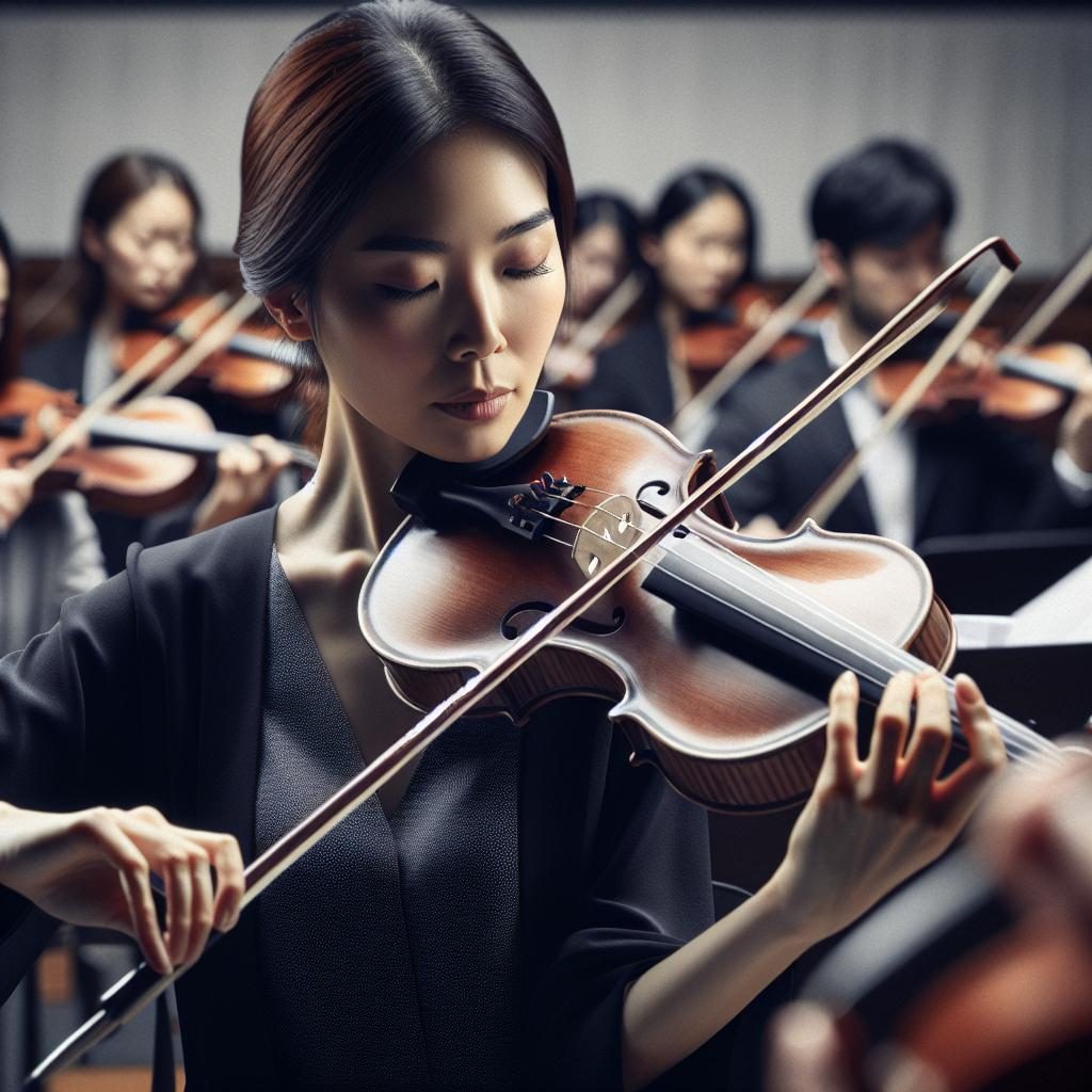 Violinist in orchestra rehearsal