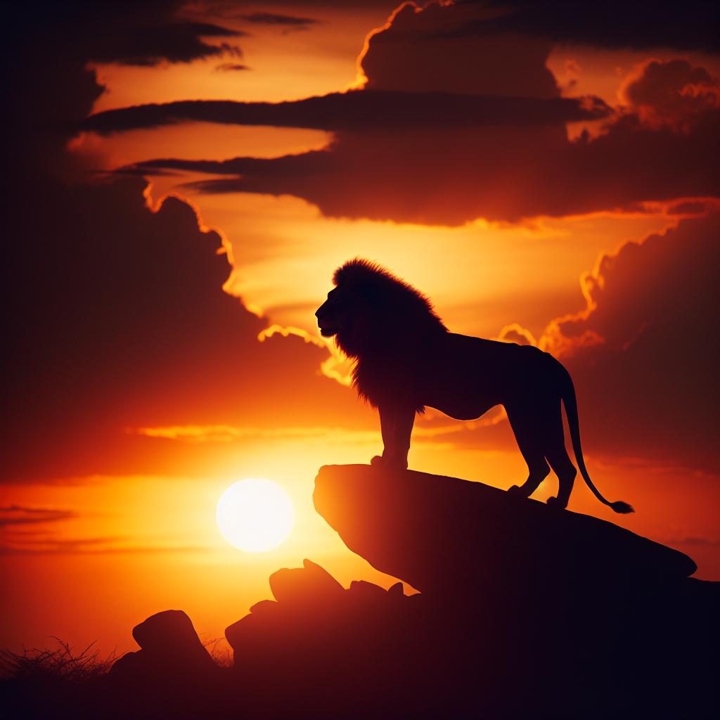 Majestic lion silhouette sunset.