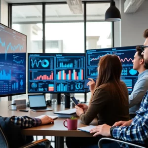 Marketers reviewing data visualizations in an office.