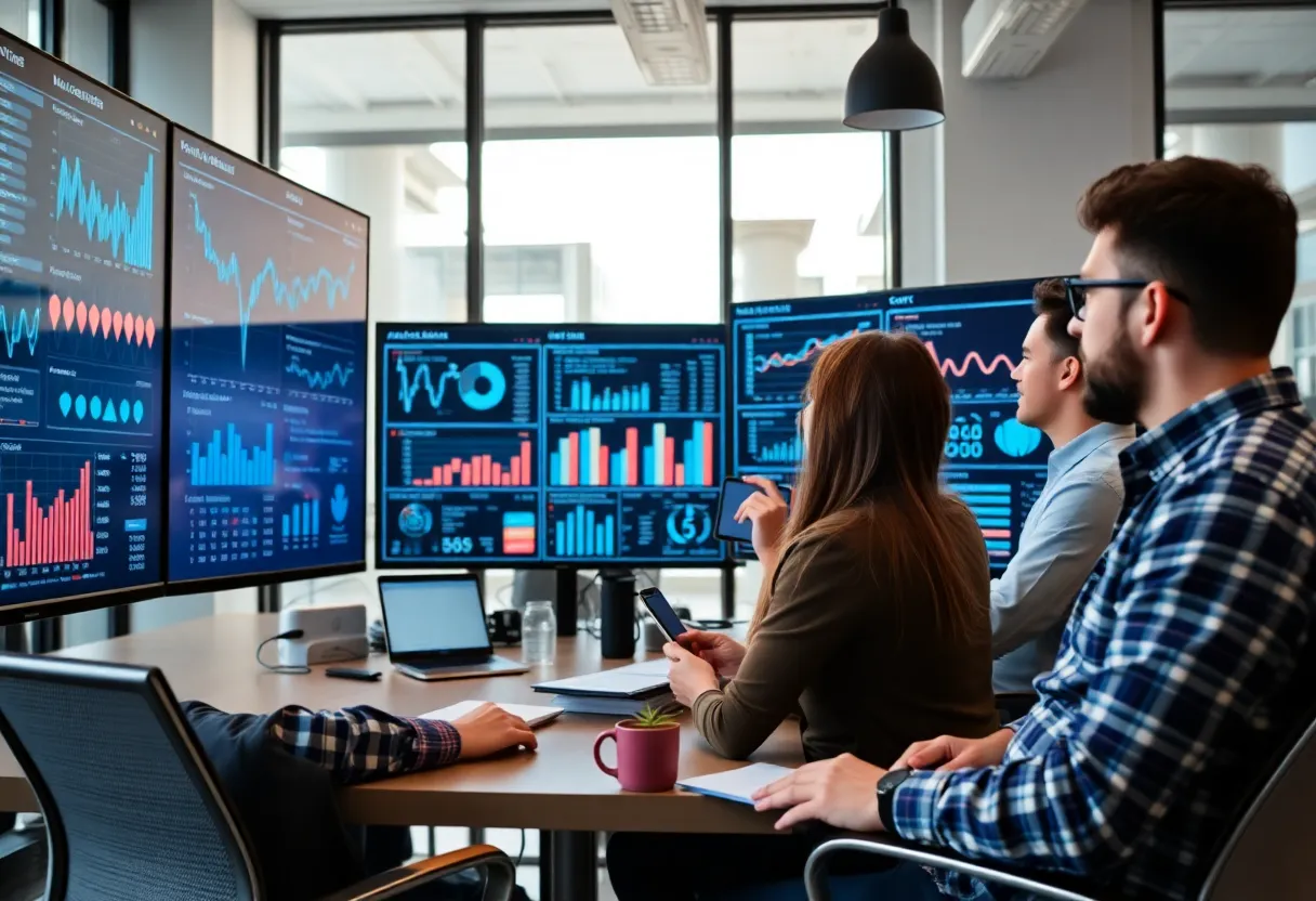 Marketers reviewing data visualizations in an office.