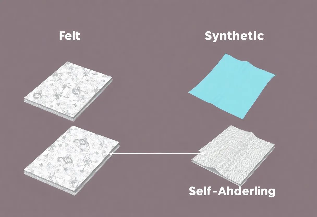 Illustration of felt, synthetic, and self-adhering roof underlayment materials.