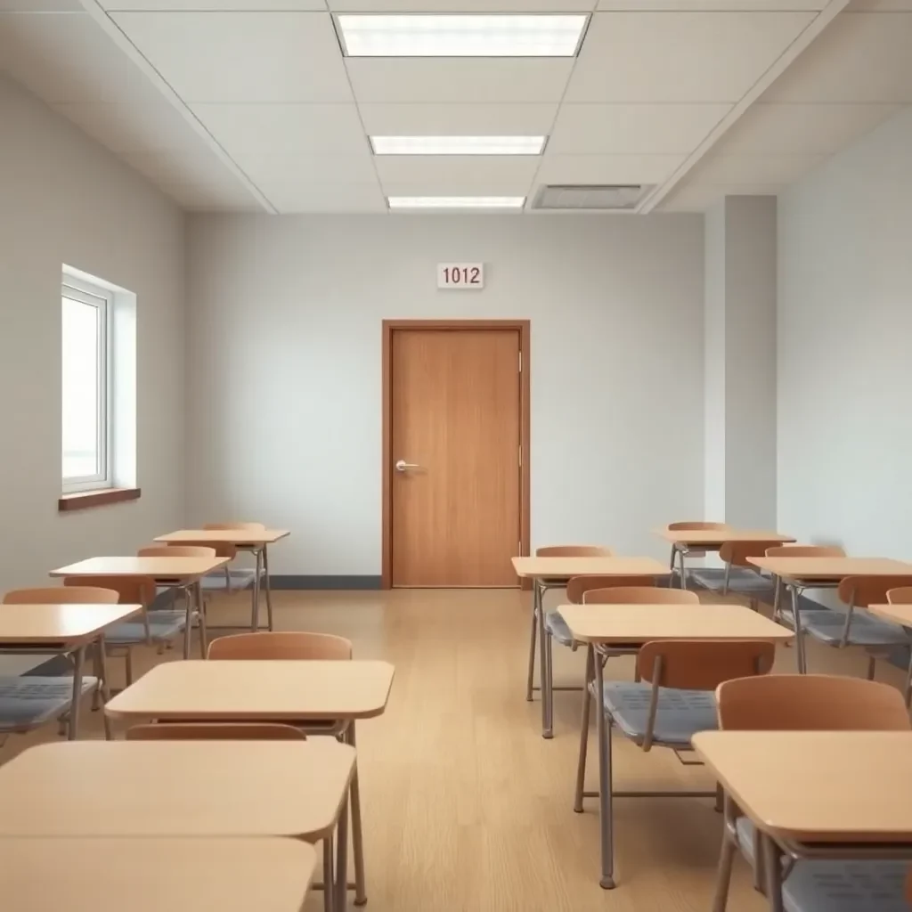 Classroom with empty desks and a closed door.