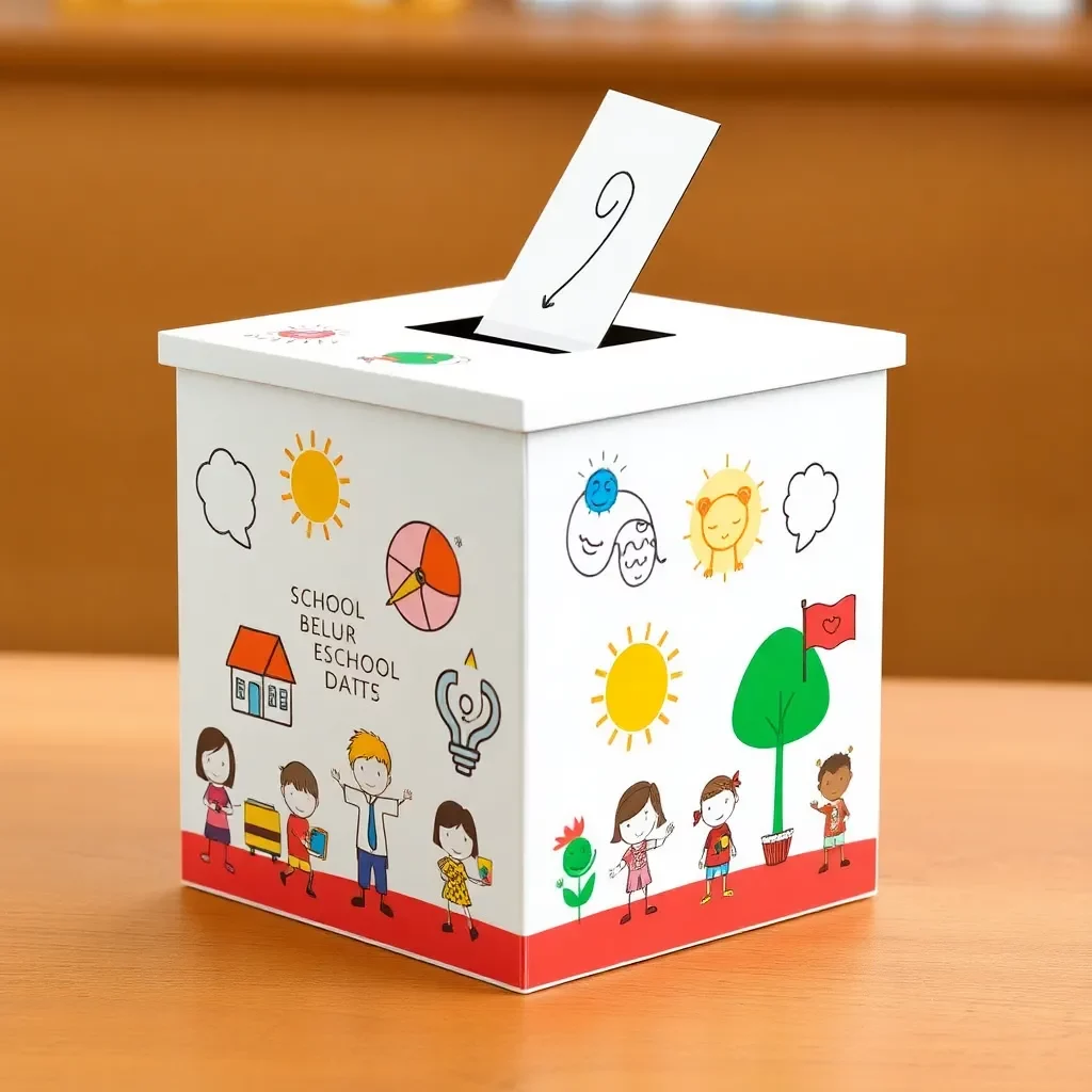 Ballot box with school-related symbols and children’s artwork.