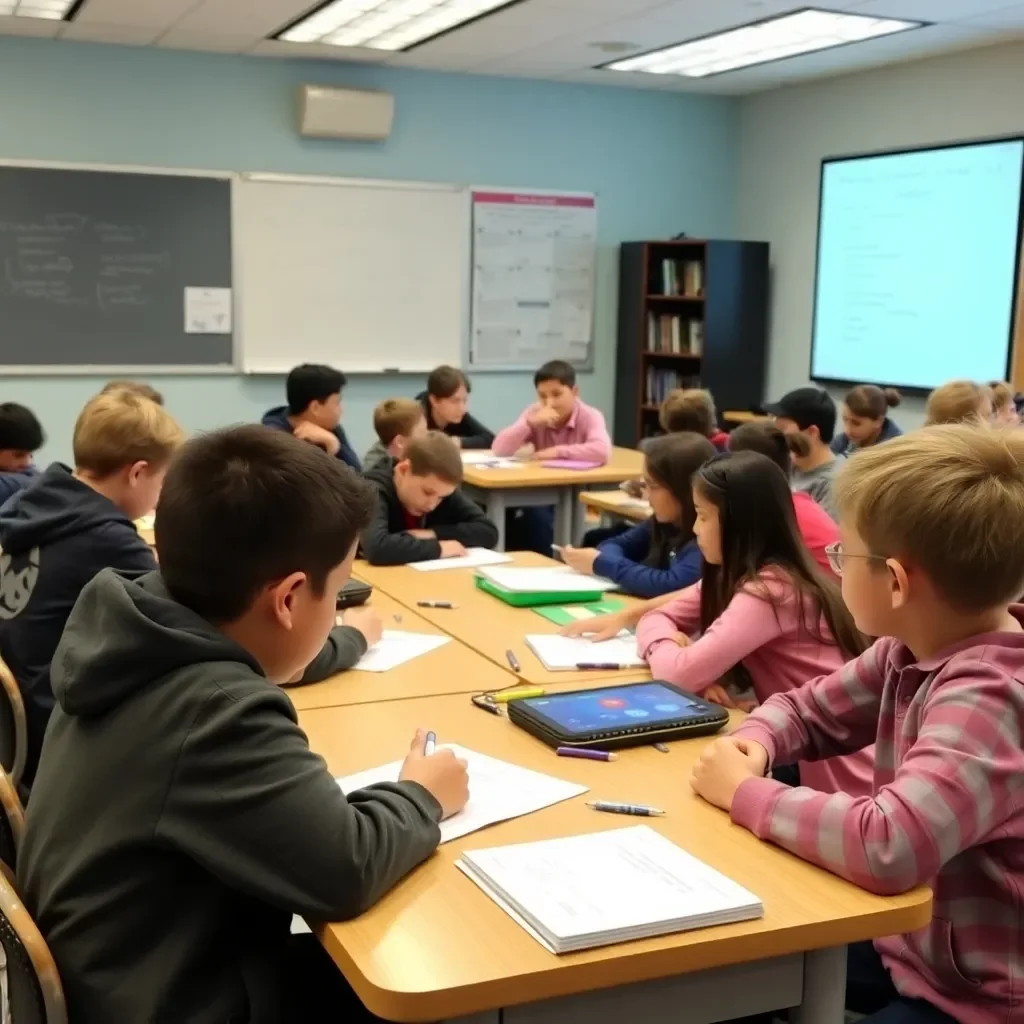 Classroom environment with students engaged in learning activities.