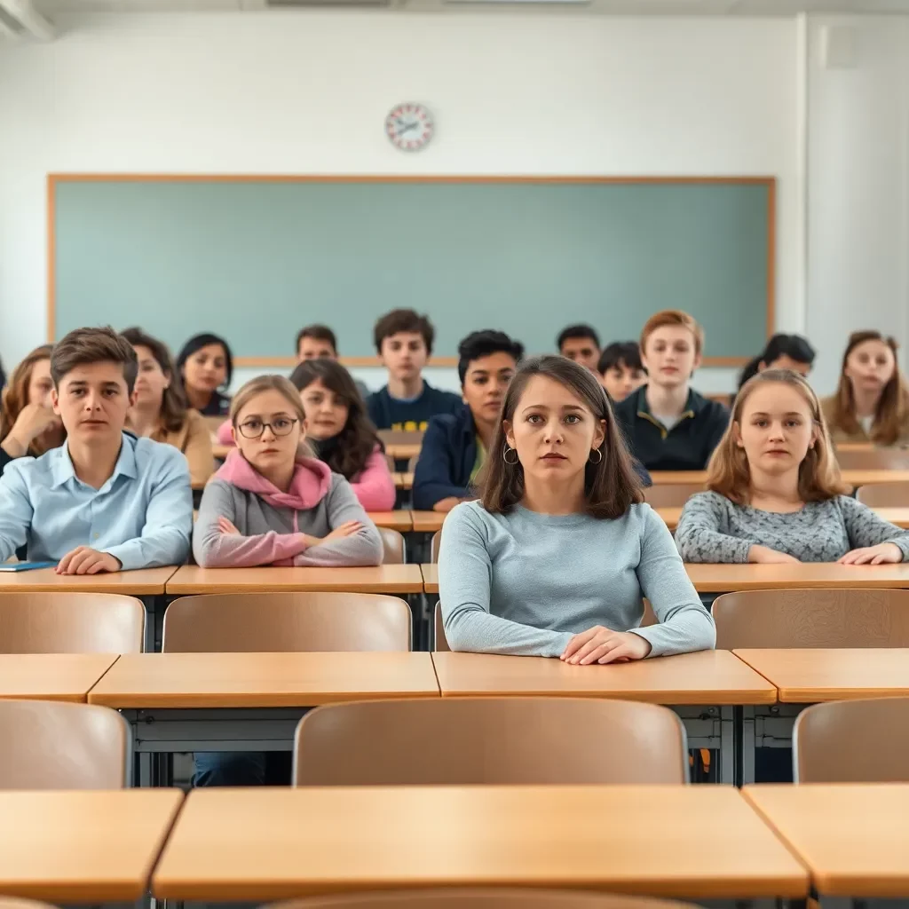 Classroom environment with empty desks and concerned students' expressions.