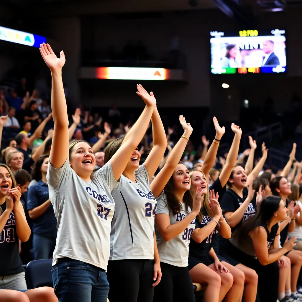 Energetic crowd cheering at a women's basketball game.