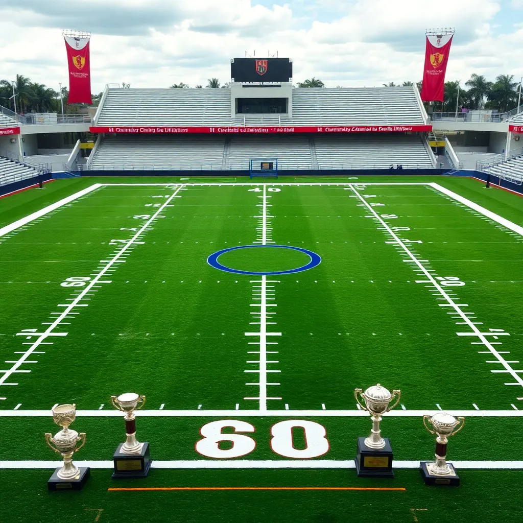 High school football field with university banners and trophies.