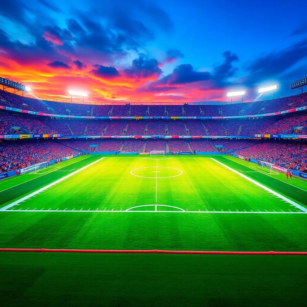 Football field with vibrant team colors and excitement.