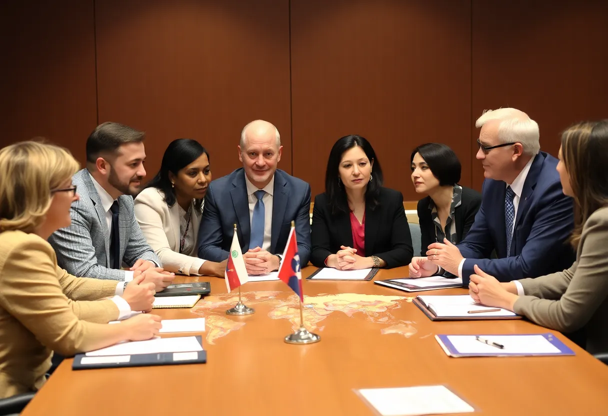 Diverse group discussing global diplomacy over a conference table.