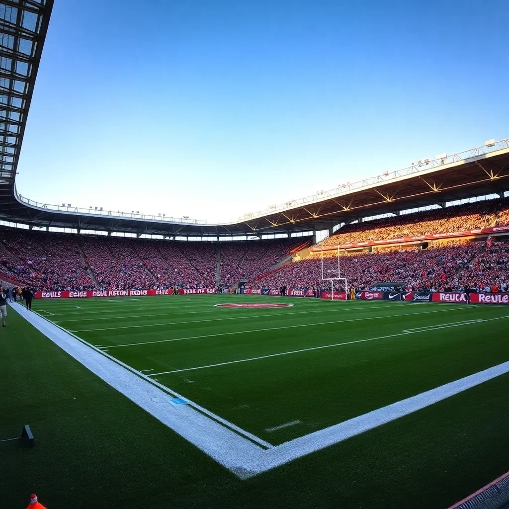 Football field with team banners and cheering crowd.