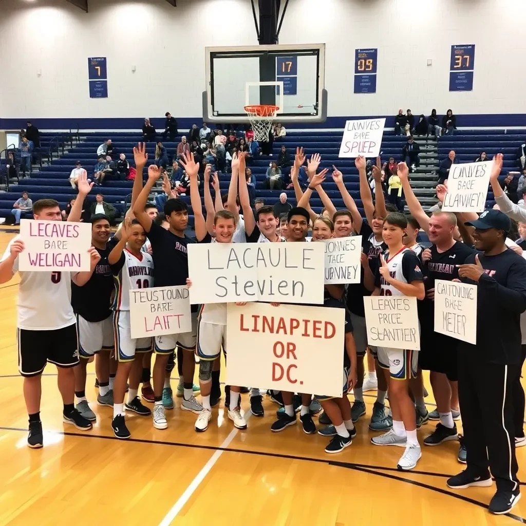 Basketball court celebration with team spirit and victory signs.