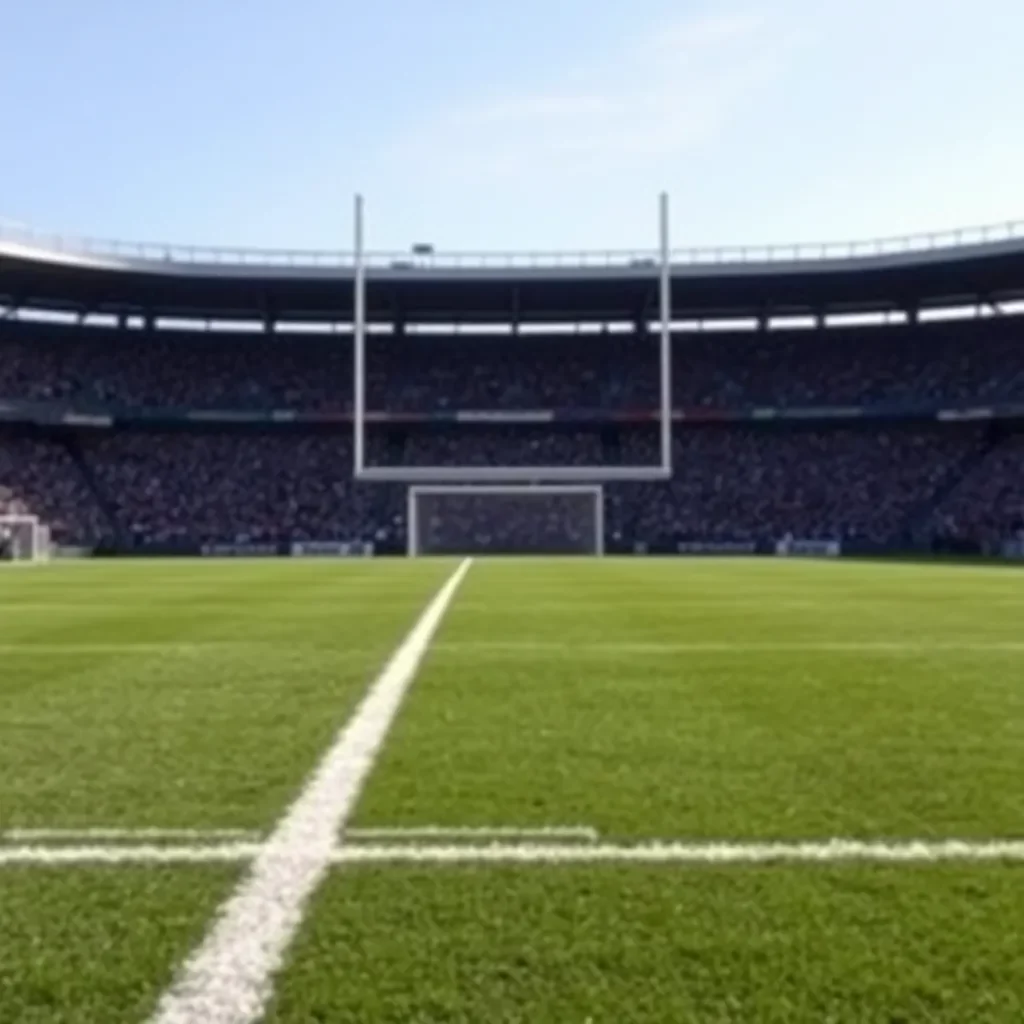 Football field with goalposts and cheering fans in background.