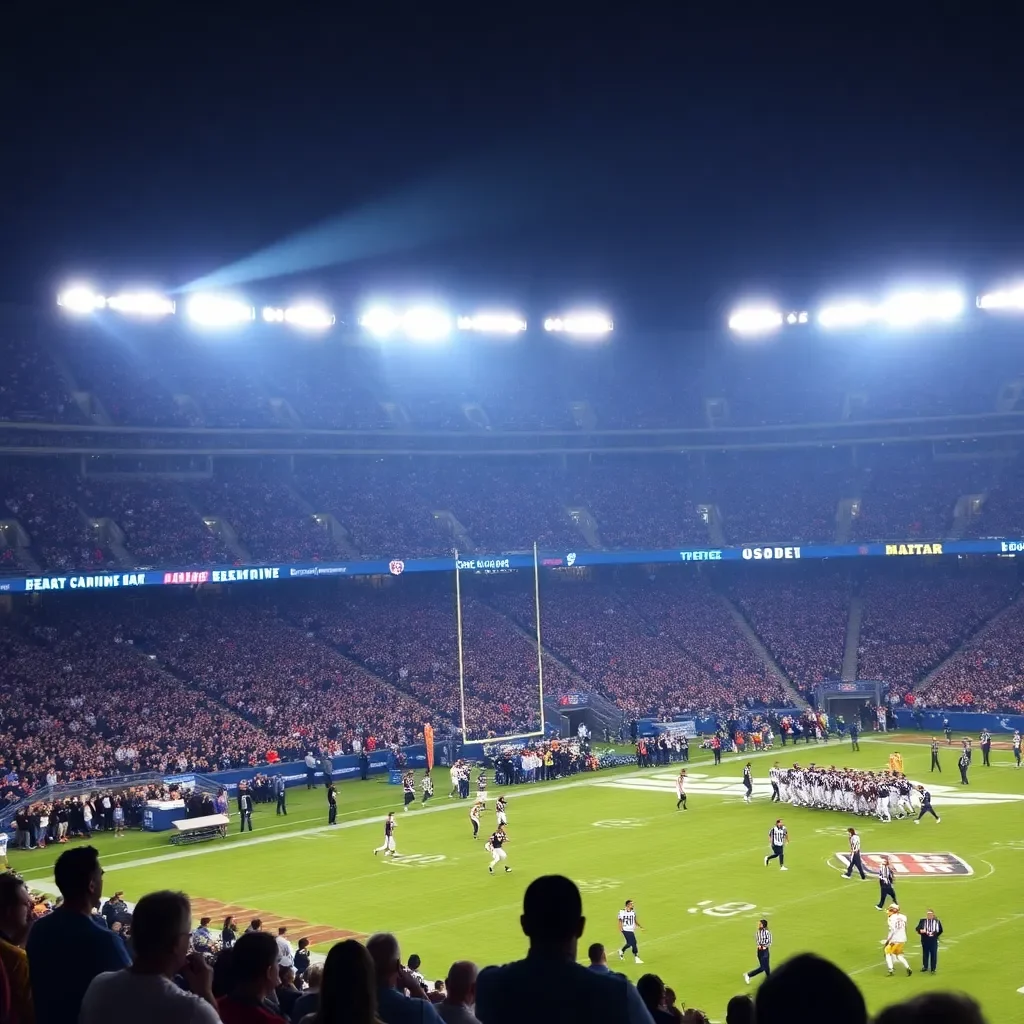 Exciting football stadium atmosphere during championship game night.