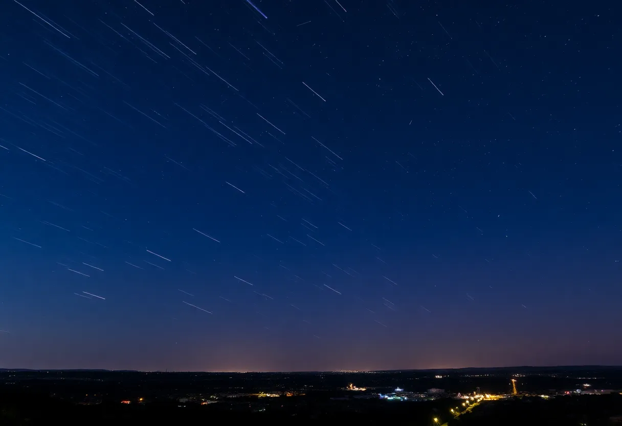 Starry night sky over Charleston with meteor streaks.