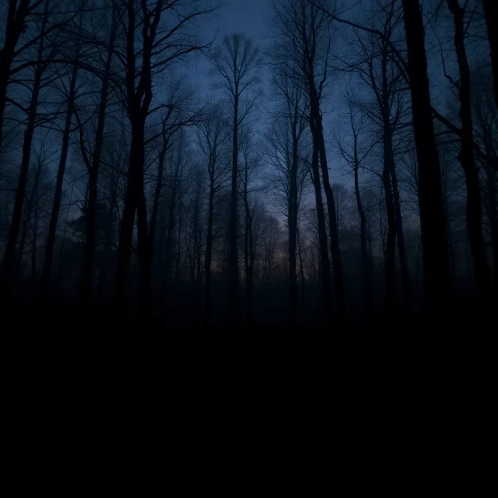 Mysterious forest silhouette with creature footprints at dusk.