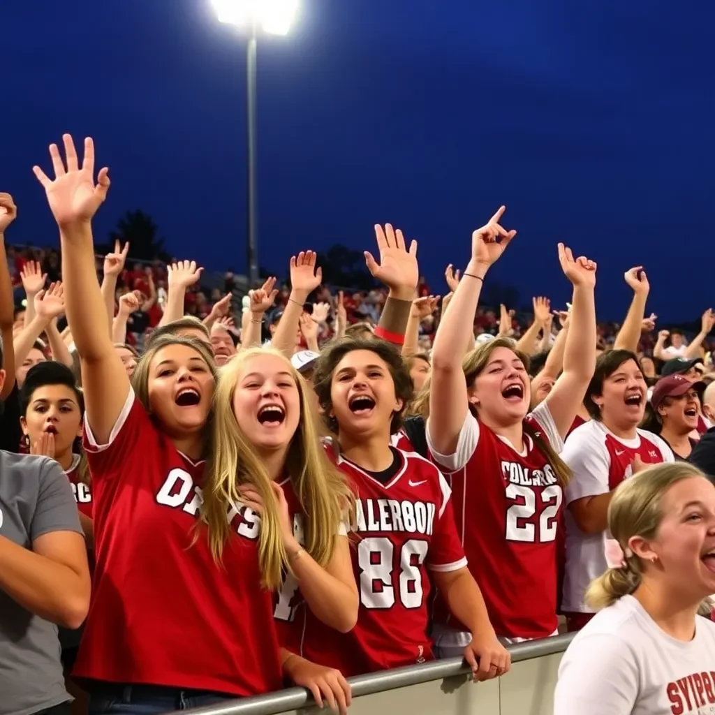 Cheering fans celebrating a high school sports victory.