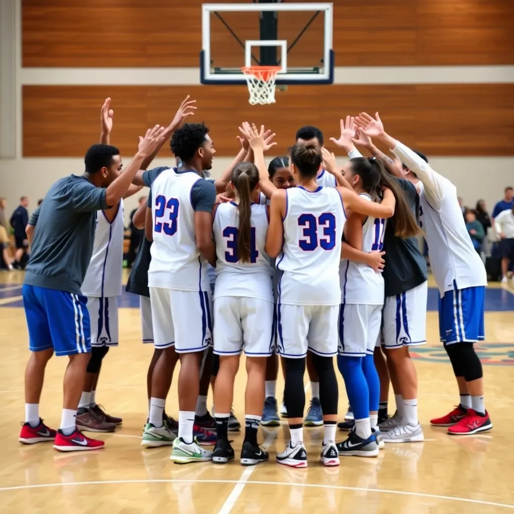 Celebratory team huddle on a basketball court.