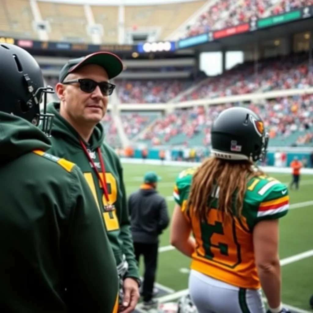 Football gear and team colors in a stadium setting.