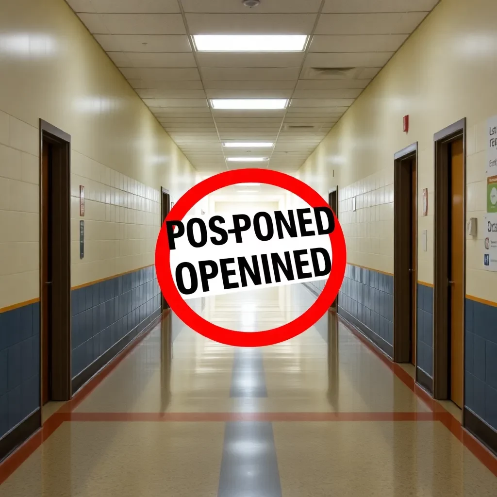 Empty school hallway with postponed opening sign.