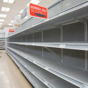 Empty store shelves with "Going Out of Business" signs.