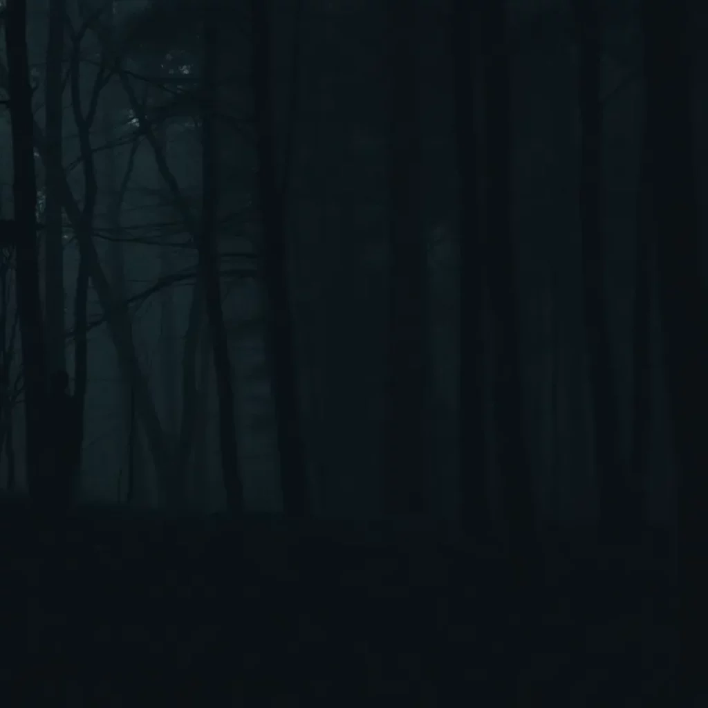 Mysterious shadowy figure in a dense forest.