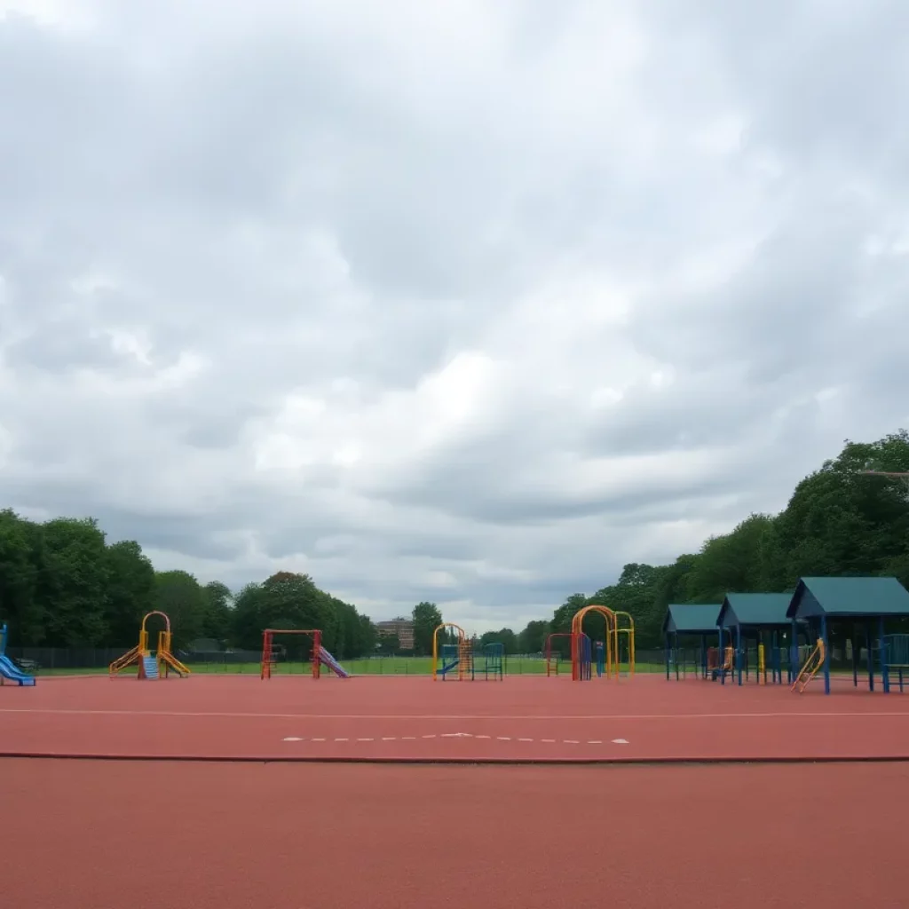 Empty playground with a cloudy sky overhead.