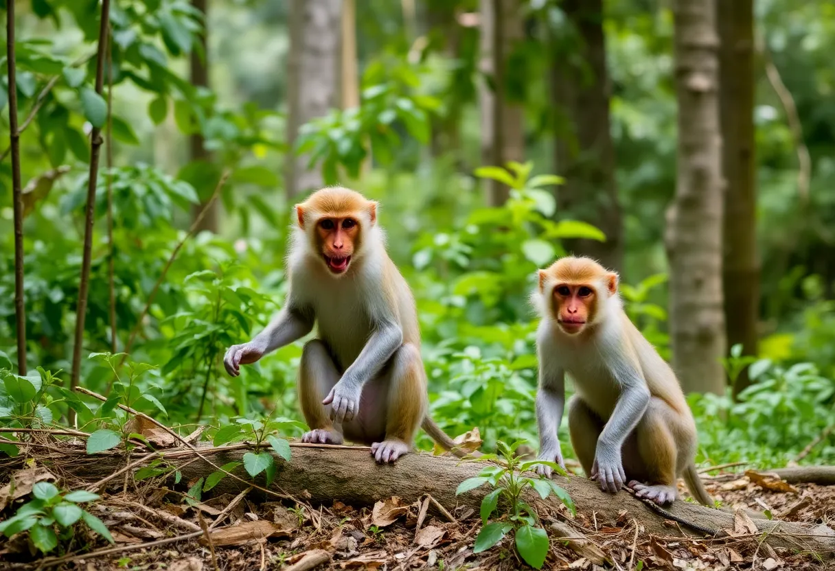 Rhesus macaques playfully exploring a lush forest environment.