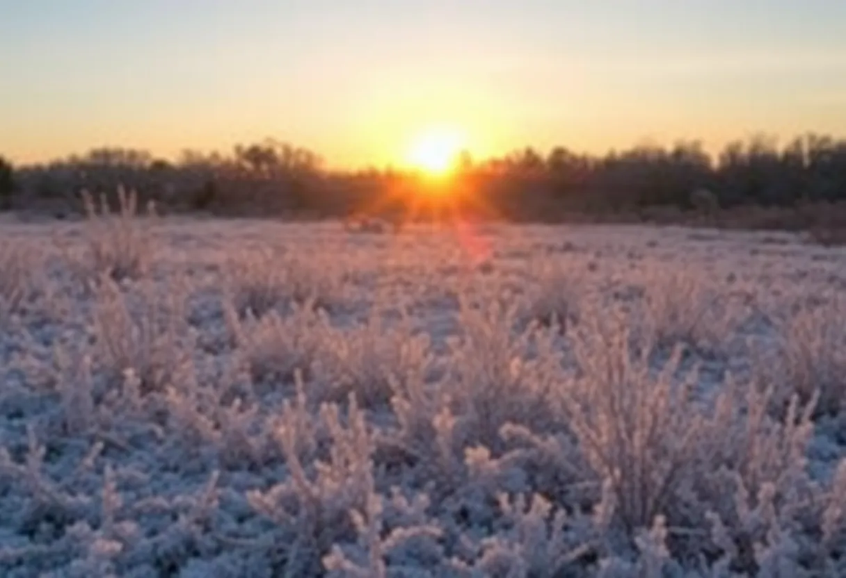 Frost-covered landscape with winter sunrise in South Carolina.