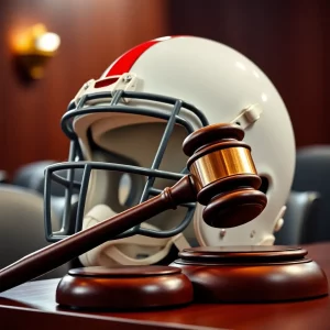 Football helmet and gavel in a courtroom setting.