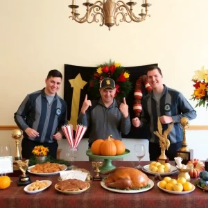 Thanksgiving feast celebration with sporting trophies and decorations.