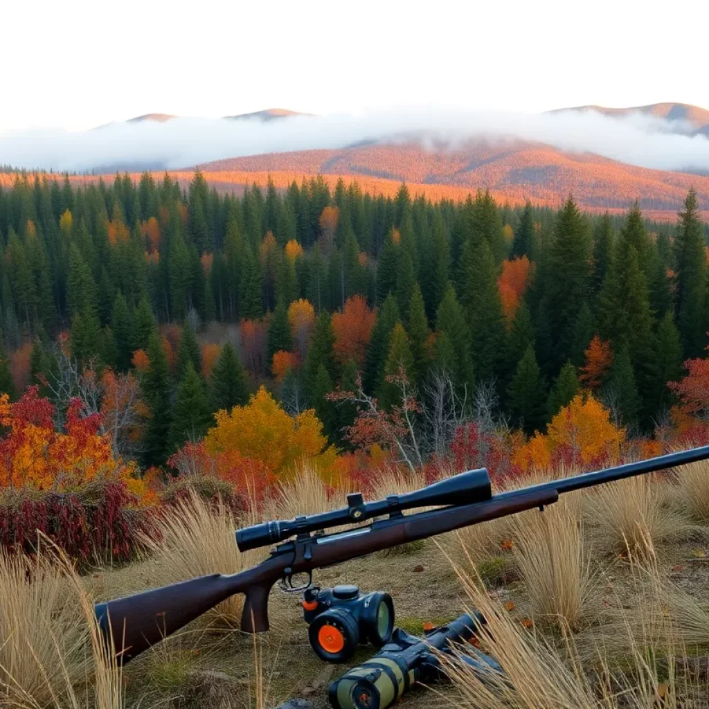 Serene wilderness landscape with autumn foliage and hunting gear.