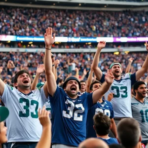 Exciting stadium crowd celebrating college football rankings.