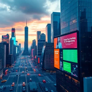 Futuristic marketing landscape in New York with AI themes