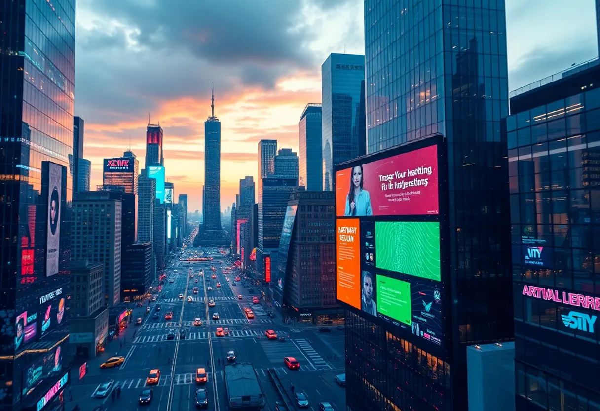 Futuristic marketing landscape in New York with AI themes