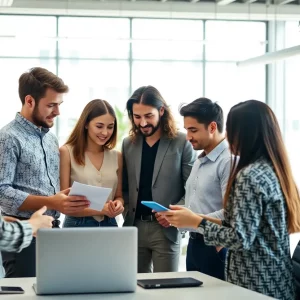 A diverse marketing team discussing strategies in a modern office