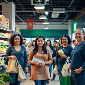 Happy shoppers and engaged staff in a Kroger grocery store.