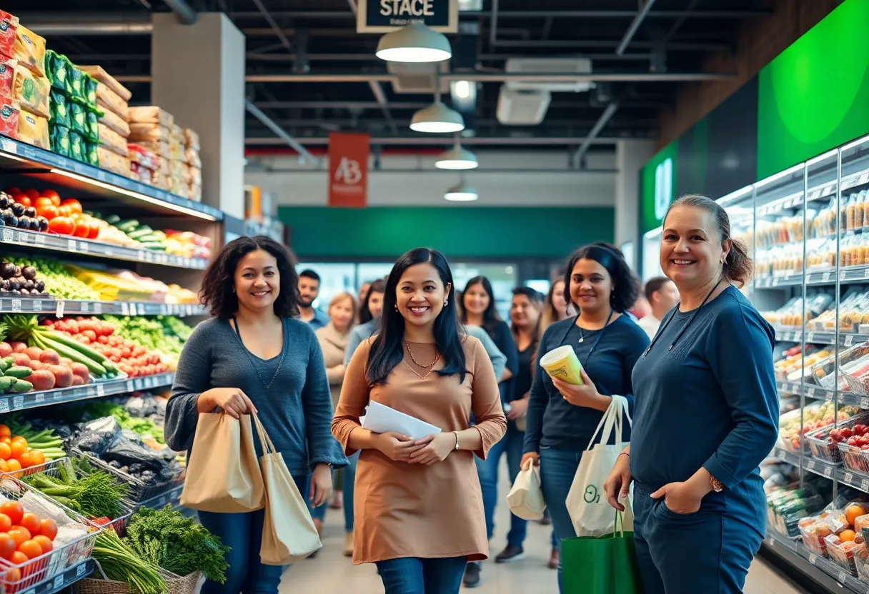 Happy shoppers and engaged staff in a Kroger grocery store.