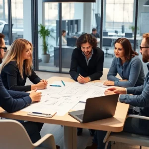 A diverse marketing team discussing strategies in a creative workspace.