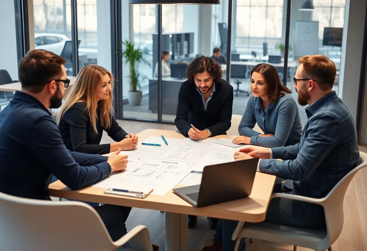 A diverse marketing team discussing strategies in a creative workspace.