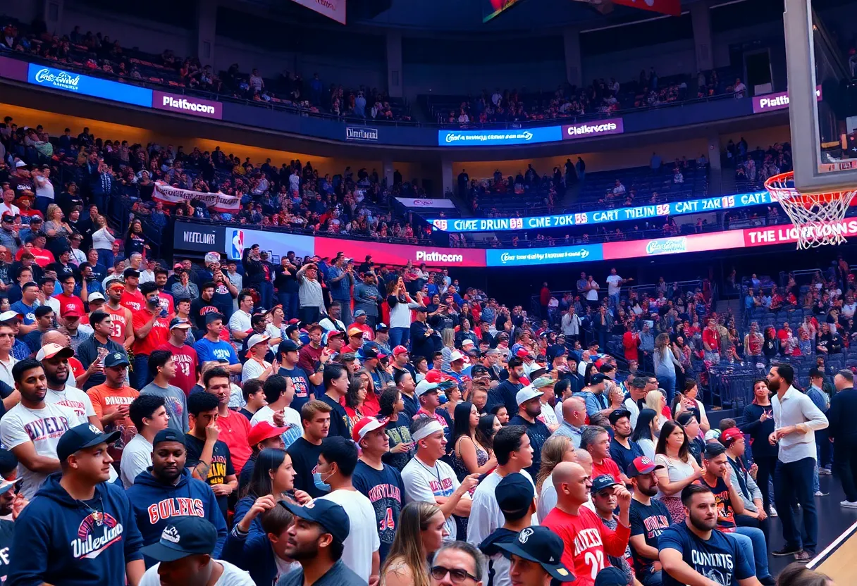 Fans enjoying an NBA game with sponsor banners in the background.