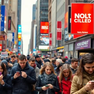 People in New York City engaging with their phones amidst election campaign signs