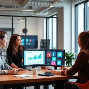 A diverse marketing team brainstorming social media strategies in a modern office.