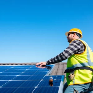 A technician installing solar panels on a residential roof with safety gear.